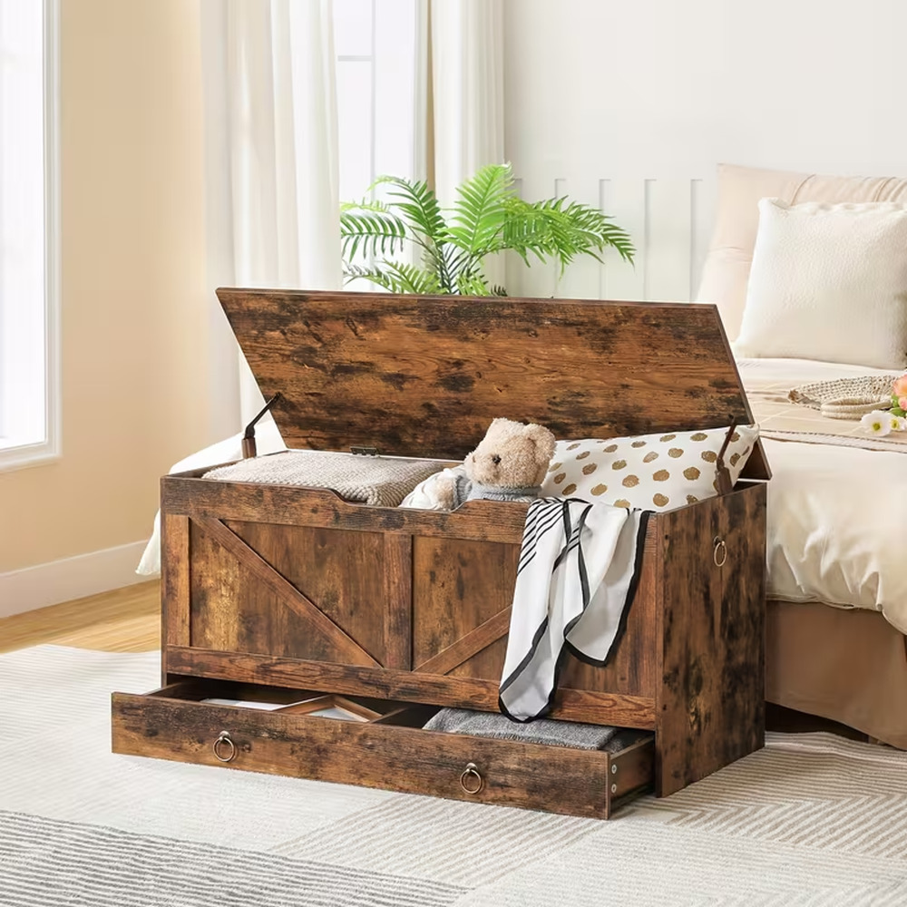 New Rustic Brown Storage Chest Vintage 39.3" Toy Box Trunk with Drawer NIB Wood